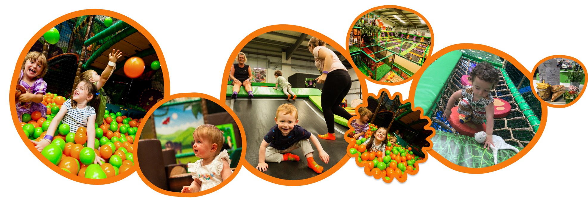 Toddlers playing in a trampoline park and a soft play centre, smiling and cheerful parents observing